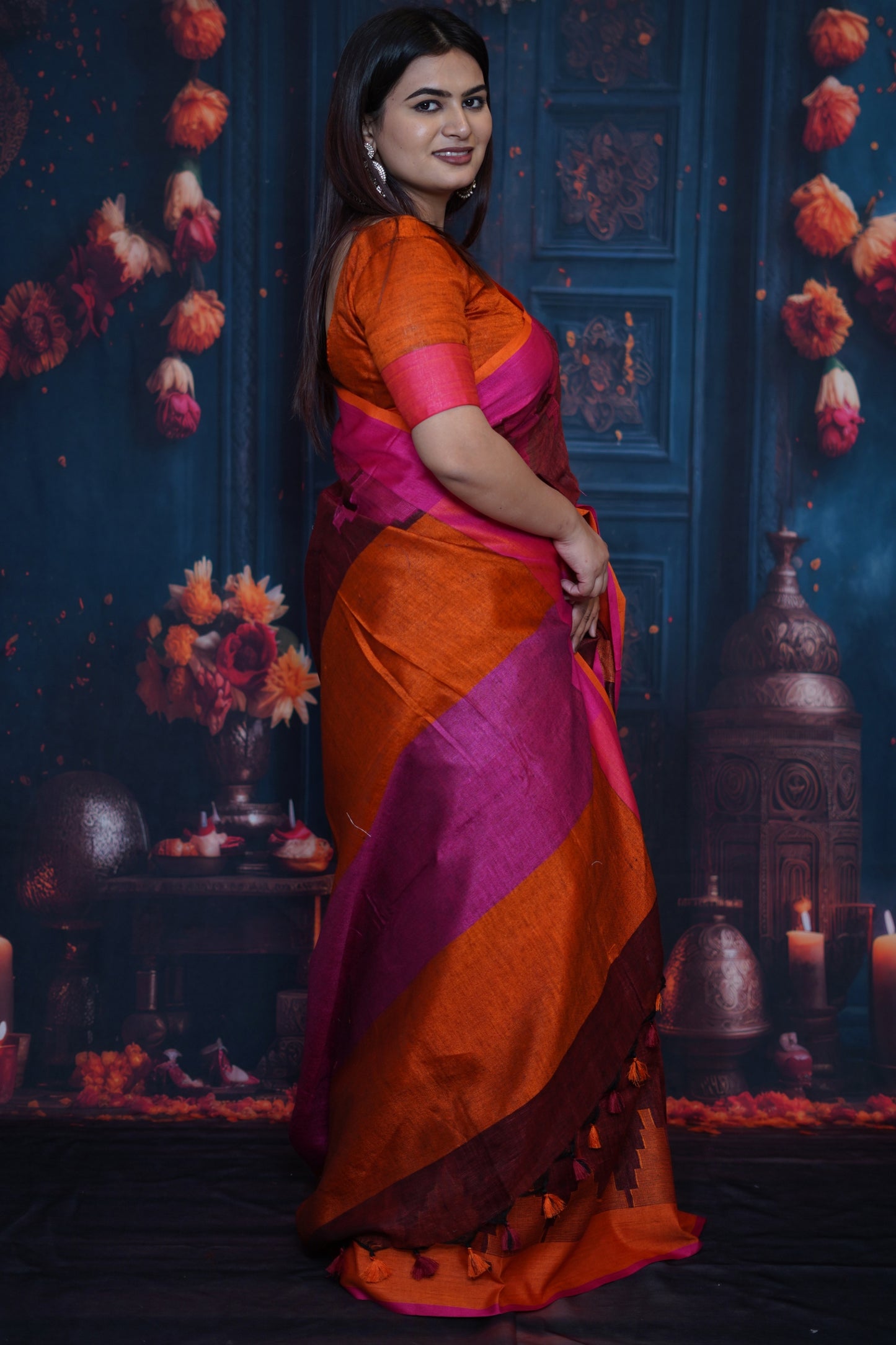 Maroon & Orange Tissue Saree with Magenta Border