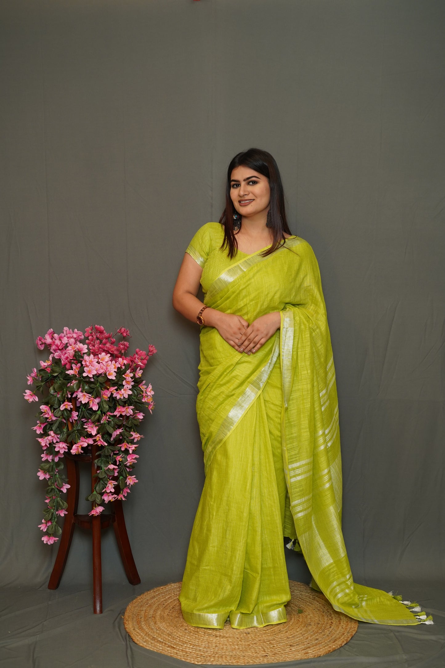 Lime Green Cotton Saree with Silver Border & Tassel Detailing