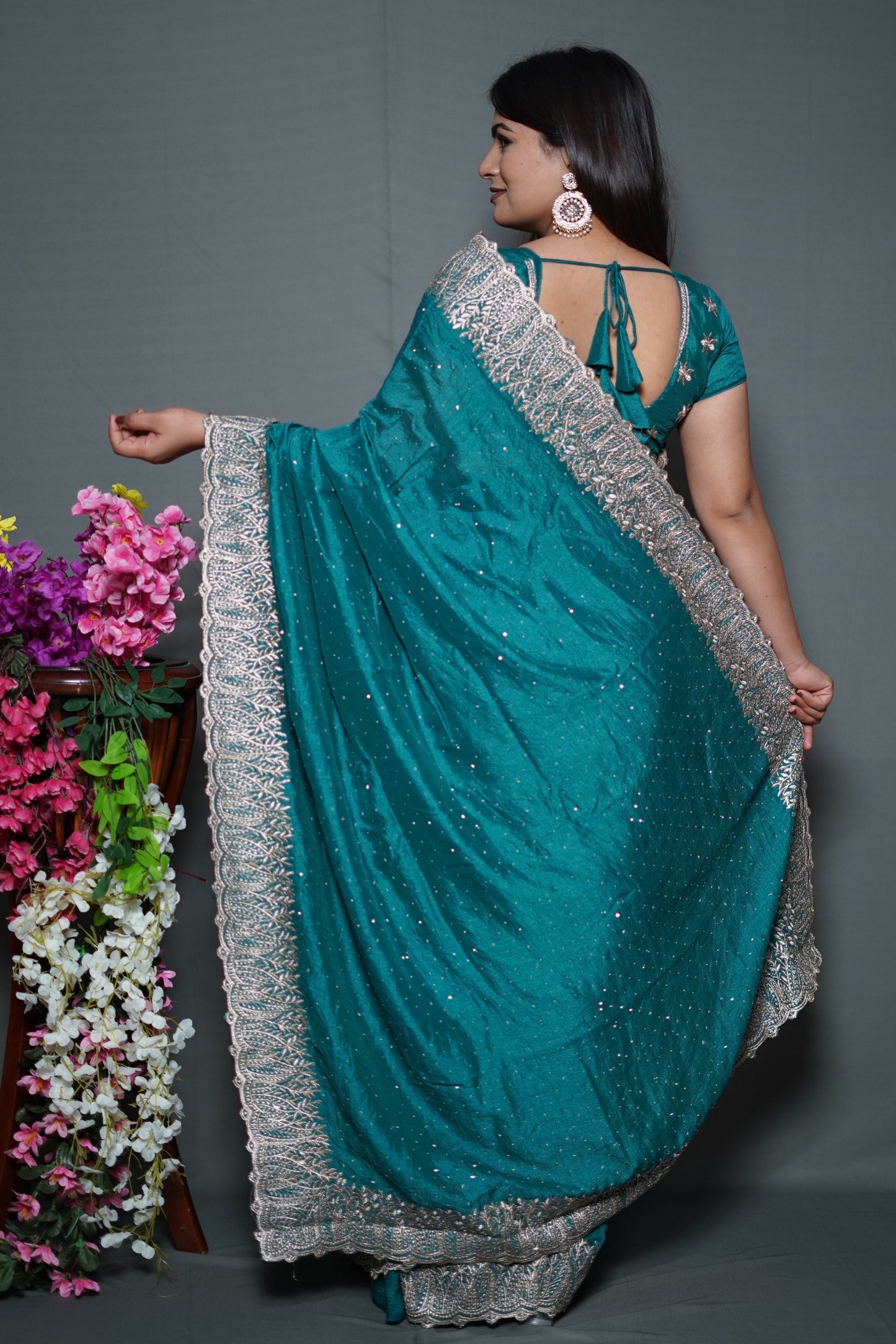 Teal Blue Georgette Saree with Silver Embroidered Lace Border