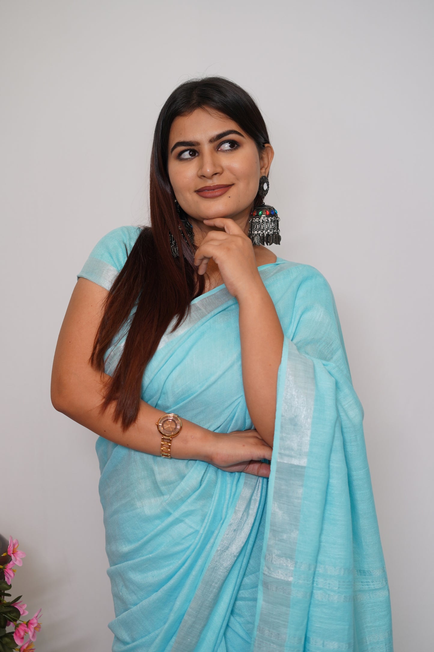 Sky Blue Cotton Saree with Silver Border & Tassel Detailing