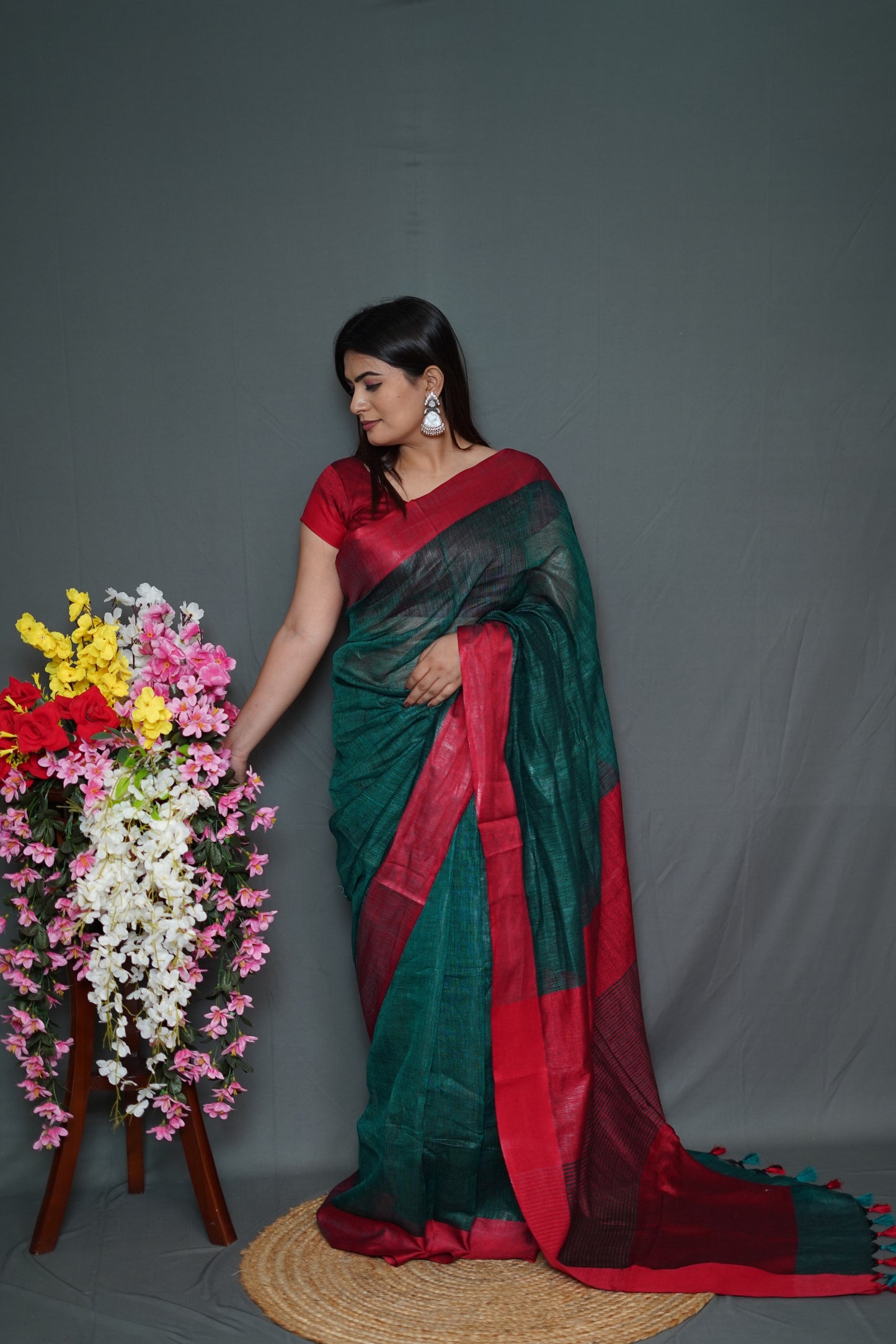Bottle Green & Maroon Tissue Saree with Elegant Dual-Tone Border