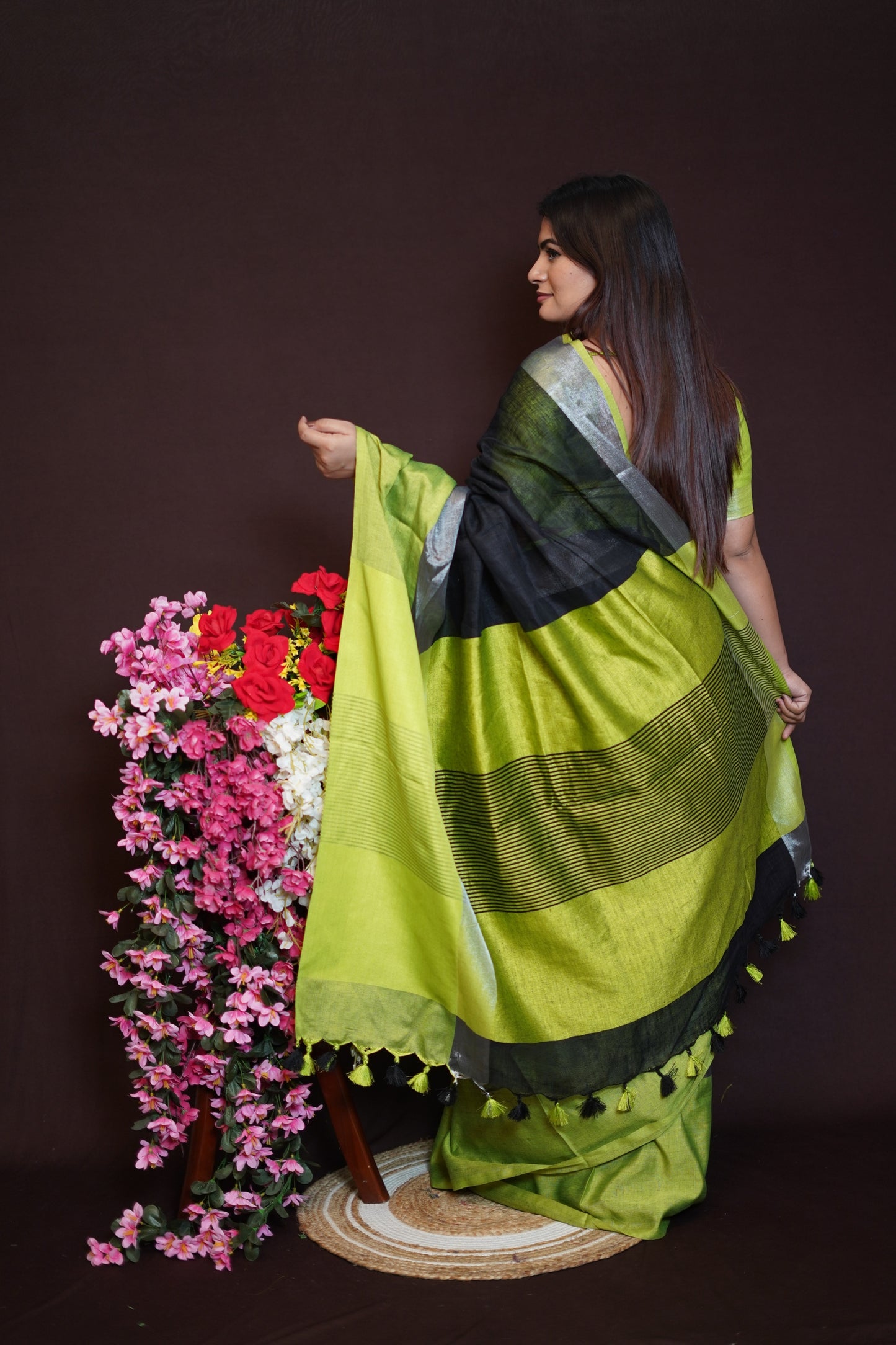 Lime Green & Black Tissue Saree with Silver Border