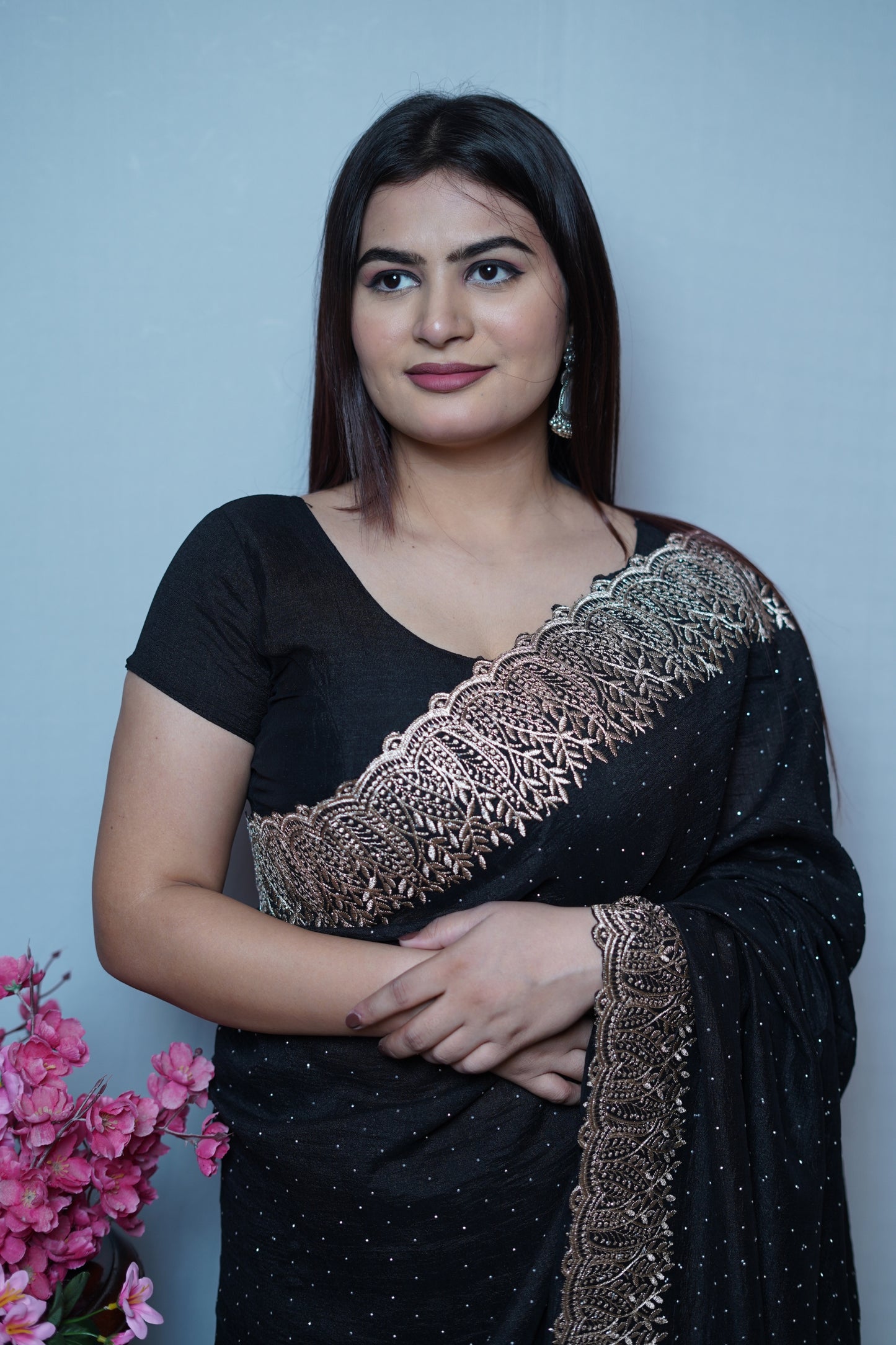 Black Georgette Saree with Rose Gold Embroidered Lace Border