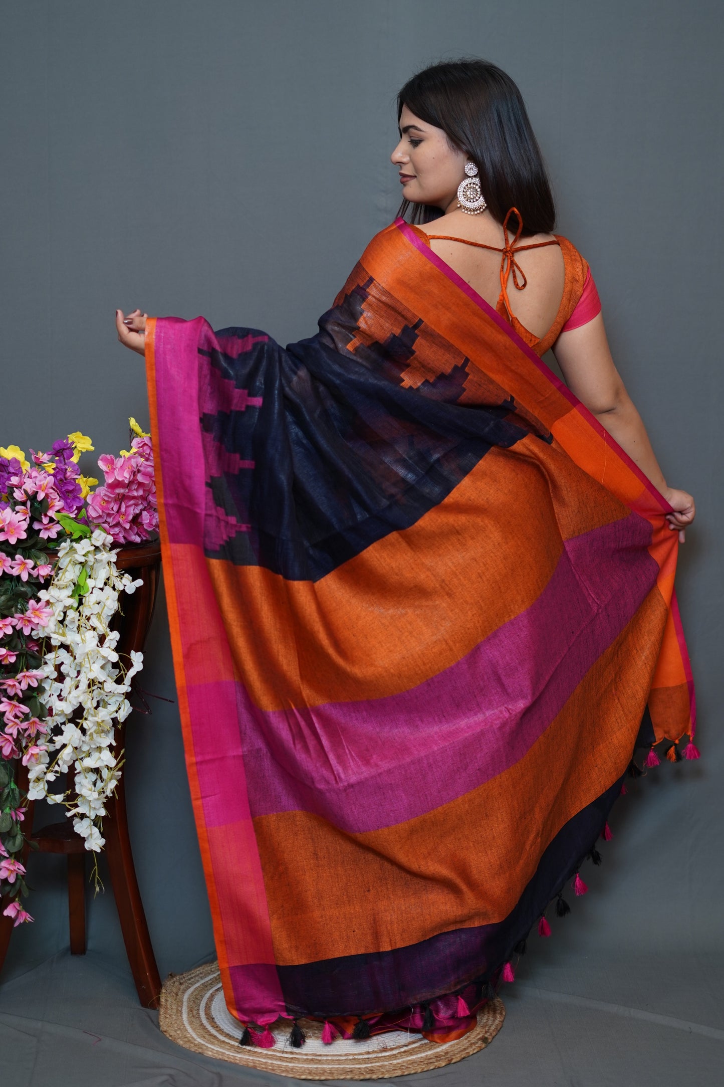 Navy Blue & Orange Tissue Saree with Magenta Border