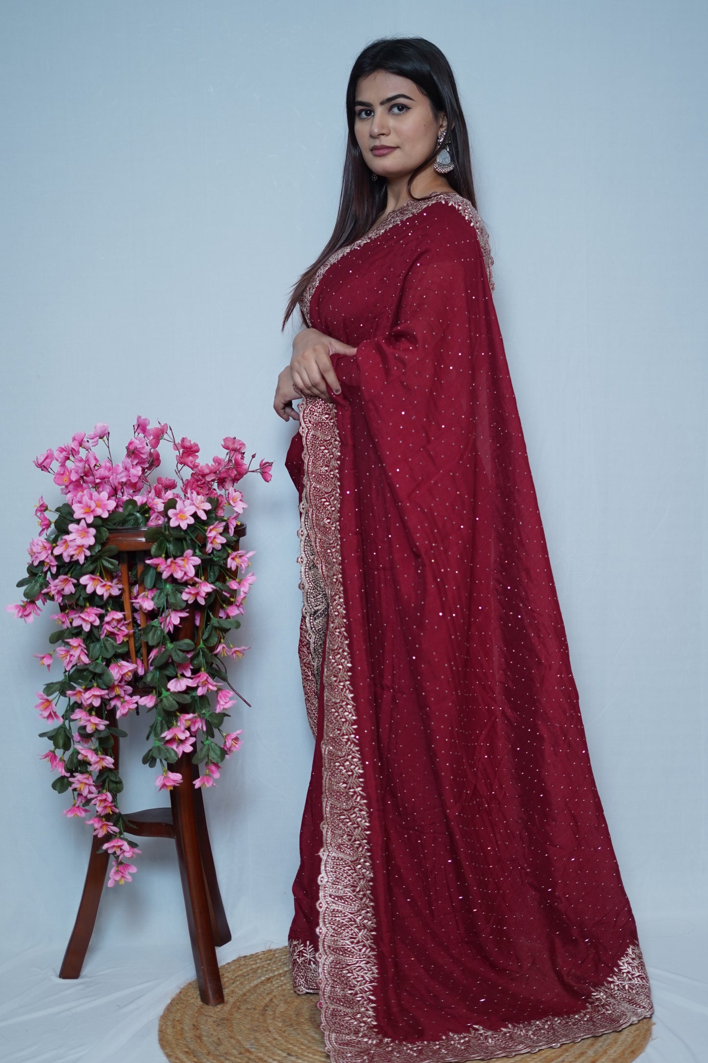 Maroon Georgette Saree with Golden Embroidered Lace Border