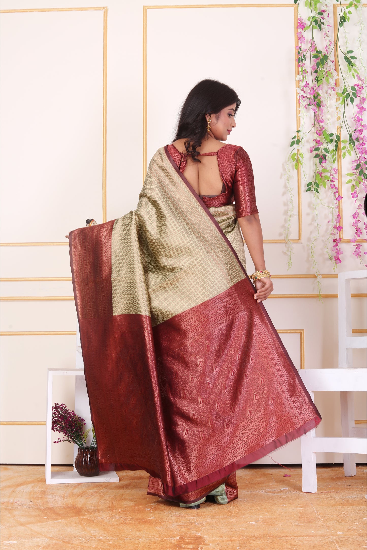 Beige Banarasi Art Silk Saree with Contrast Maroon Border