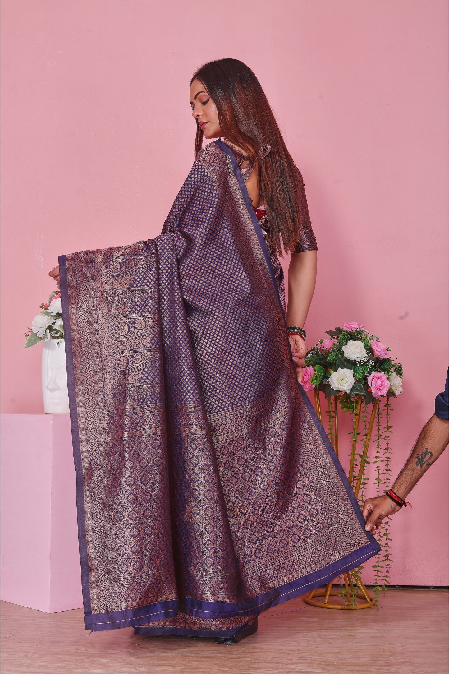 Navy Blue Silk Saree with Copper Zari