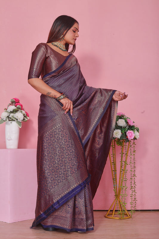 Navy Blue Silk Saree with Copper Zari
