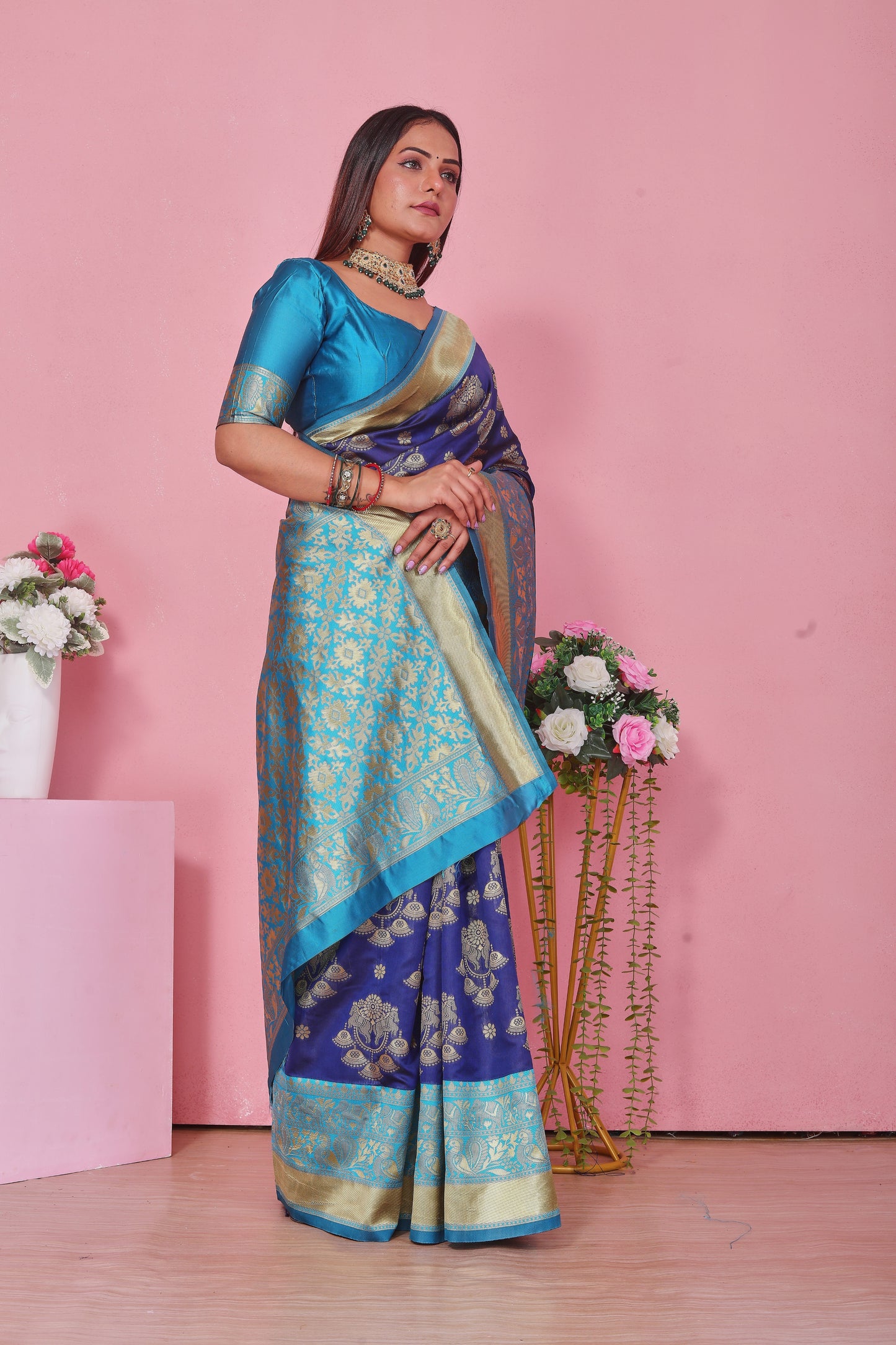 Royal Blue Kanjivaram Art Silk Saree with Gold Zari Border