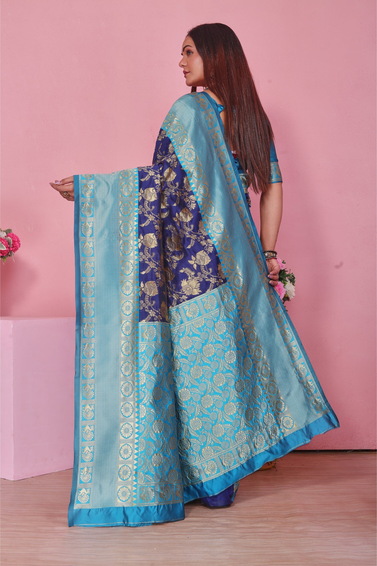 Royal Blue & Firozi Silk Saree with Gold Zari Brocade