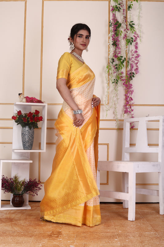 Bright Yellow Kanjivaram Silk Saree with Golden Zari Border & Pallu