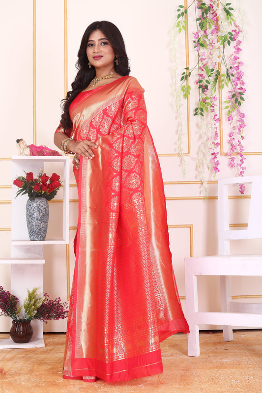 Red Kanjivaram Art Silk Saree with Rich Golden Zari Jaal
