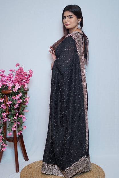 Black Georgette Saree with Rose Gold Embroidered Lace Border
