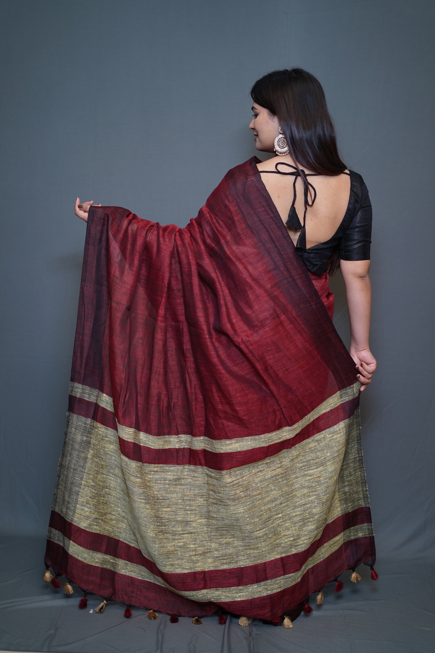Wine Red Tissue Saree with Golden Border and Black Contrast Pallu