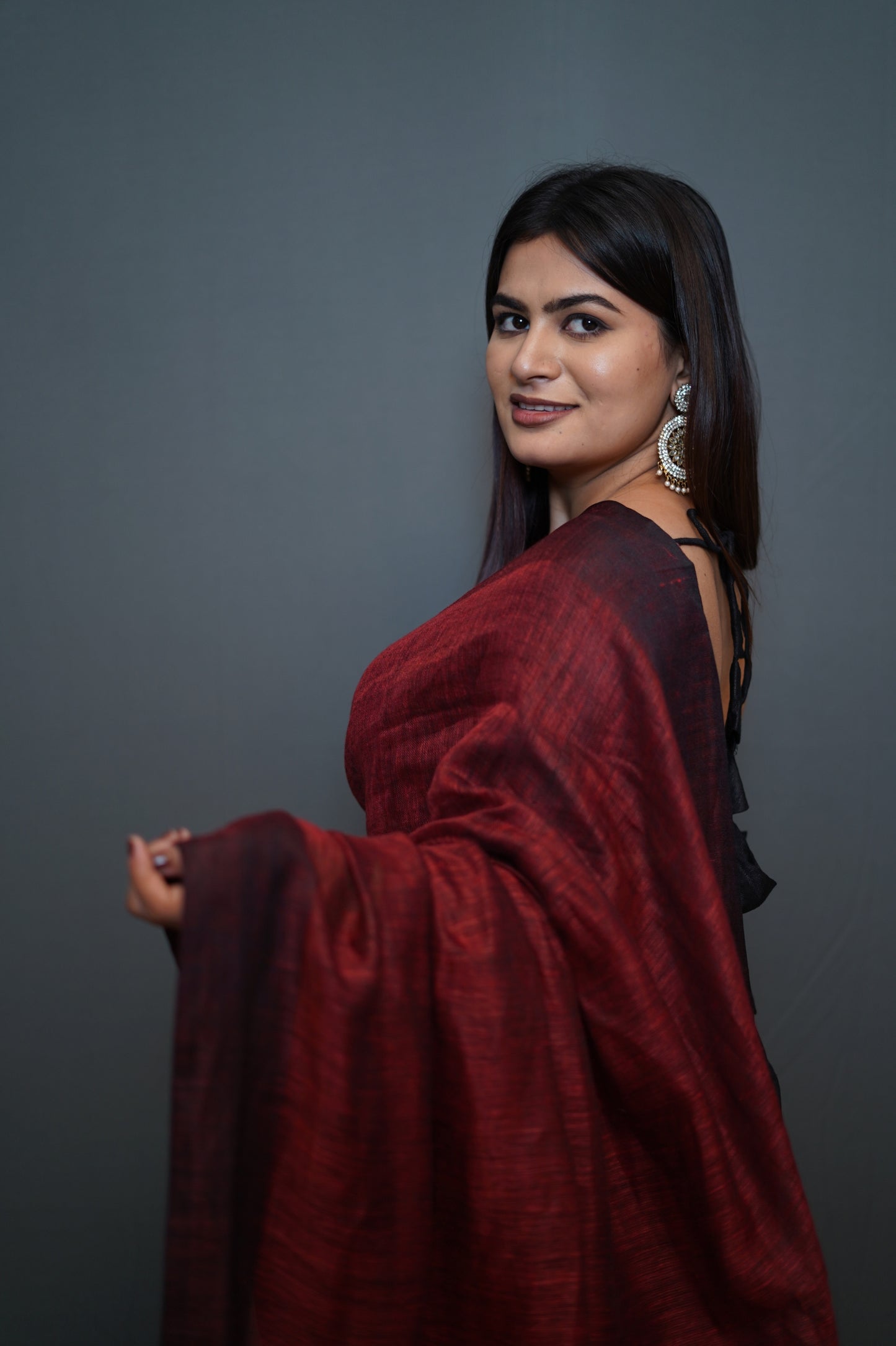 Wine Red Tissue Saree with Golden Border and Black Contrast Pallu