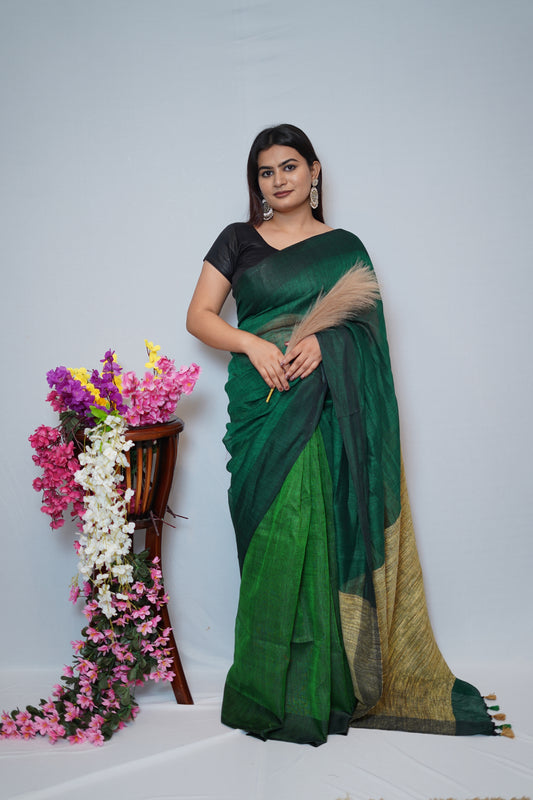 Emerald Green Tissue Saree with Golden Pallu