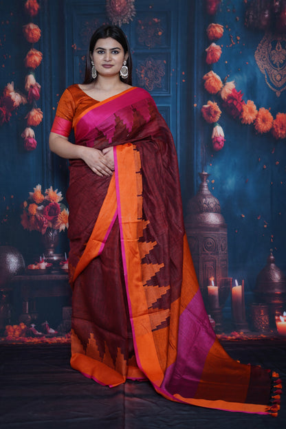 Maroon & Orange Tissue Saree with Magenta Border