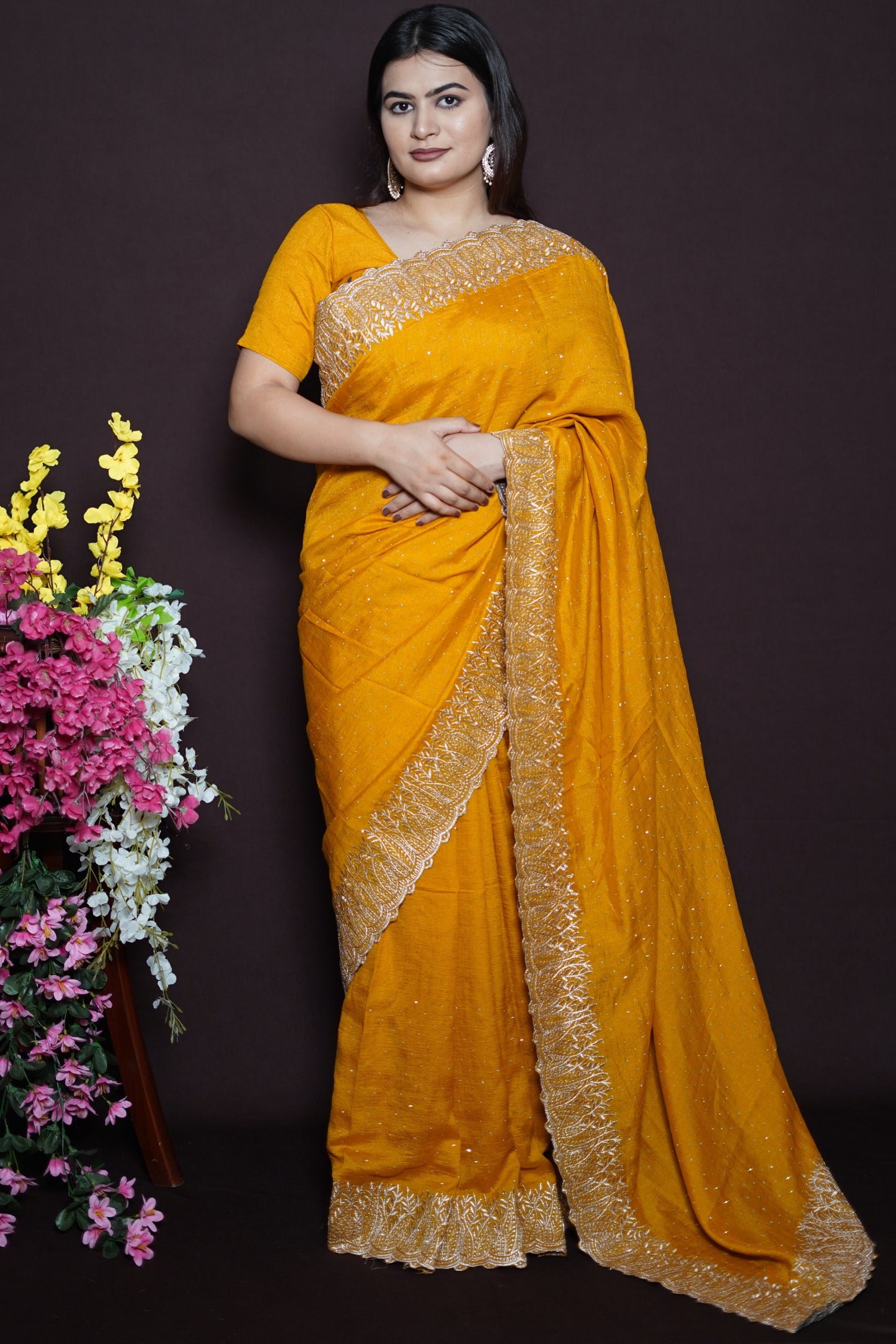 Mustard Yellow Georgette Saree with Golden Embroidered Lace Border