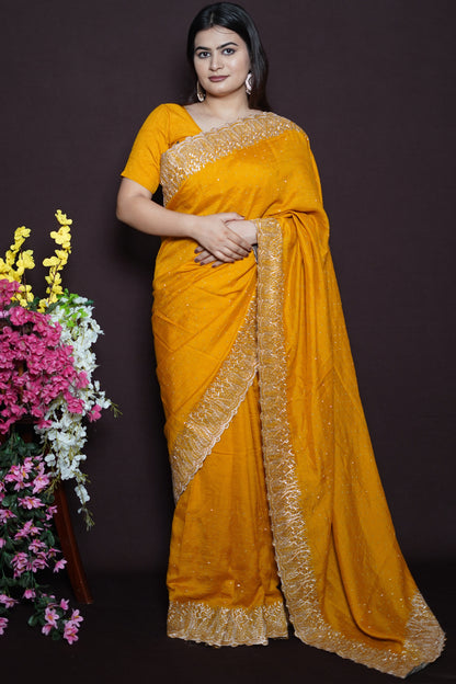 Mustard Yellow Georgette Saree with Golden Embroidered Lace Border