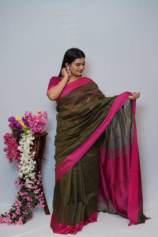 Olive Green & Magenta Tissue Saree with Elegant Dual-Tone Border