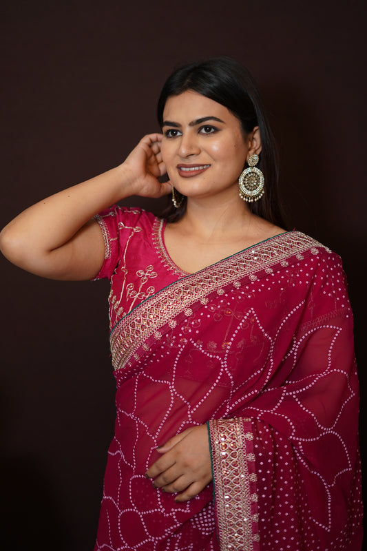 Dark Red Georgette Saree with Golden Embroidered Border