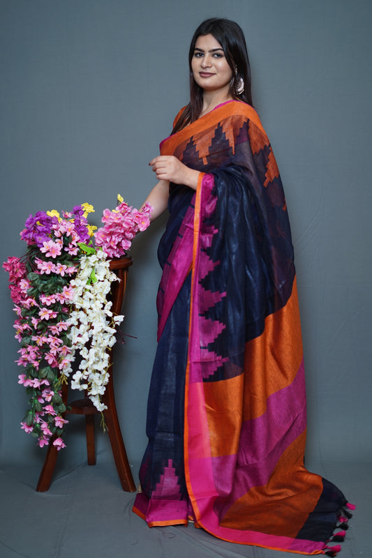 Navy Blue & Orange Tissue Saree with Magenta Border