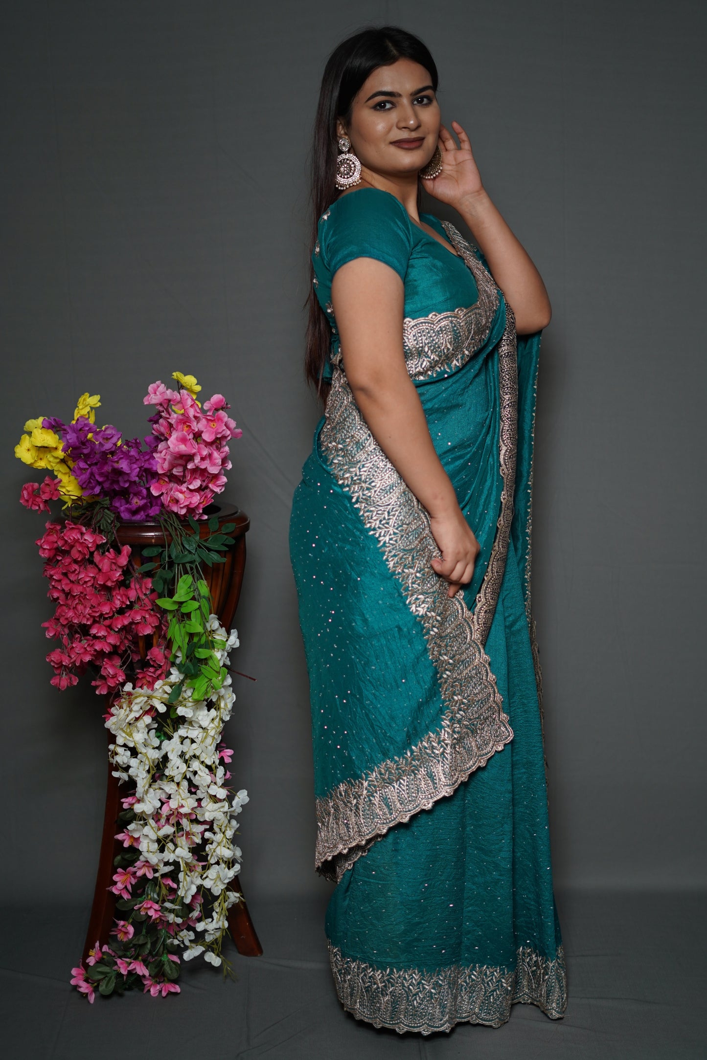 Teal Blue Georgette Saree with Silver Embroidered Lace Border