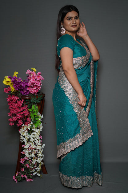 Teal Blue Georgette Saree with Silver Embroidered Lace Border