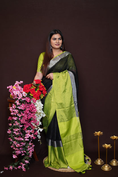 Lime Green & Black Tissue Saree with Silver Border