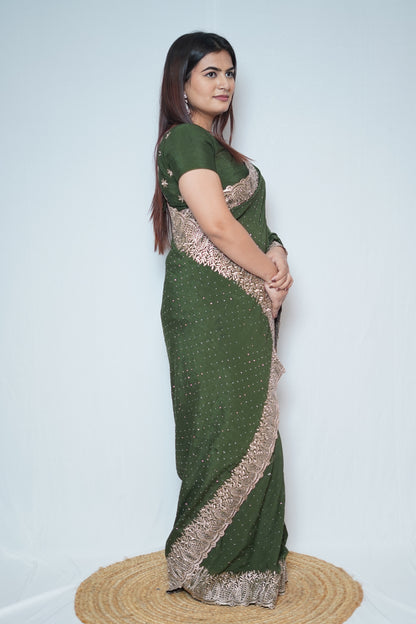 Olive Green Georgette Saree with Rose Gold Embroidered Lace Borde