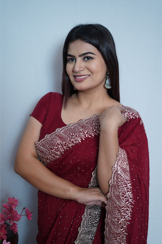 Maroon Georgette Saree with Golden Embroidered Lace Border