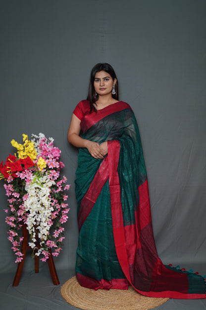 Bottle Green & Maroon Tissue Saree with Elegant Dual-Tone Border