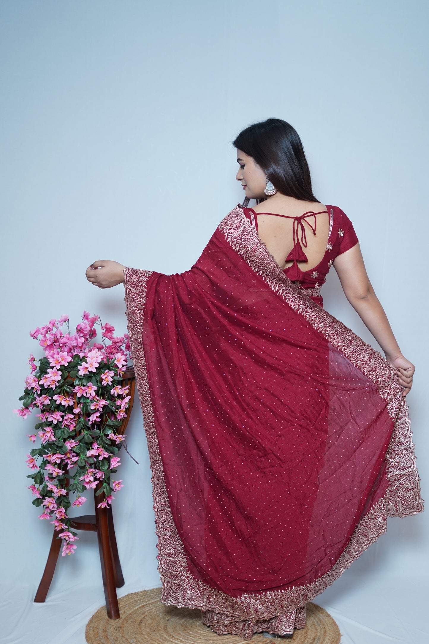 Maroon Georgette Saree with Golden Embroidered Lace Border