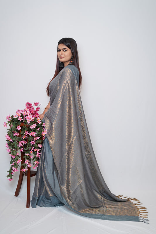 Grey Cotton Saree with Golden Zari Weaving and Elegant Tassel Border
