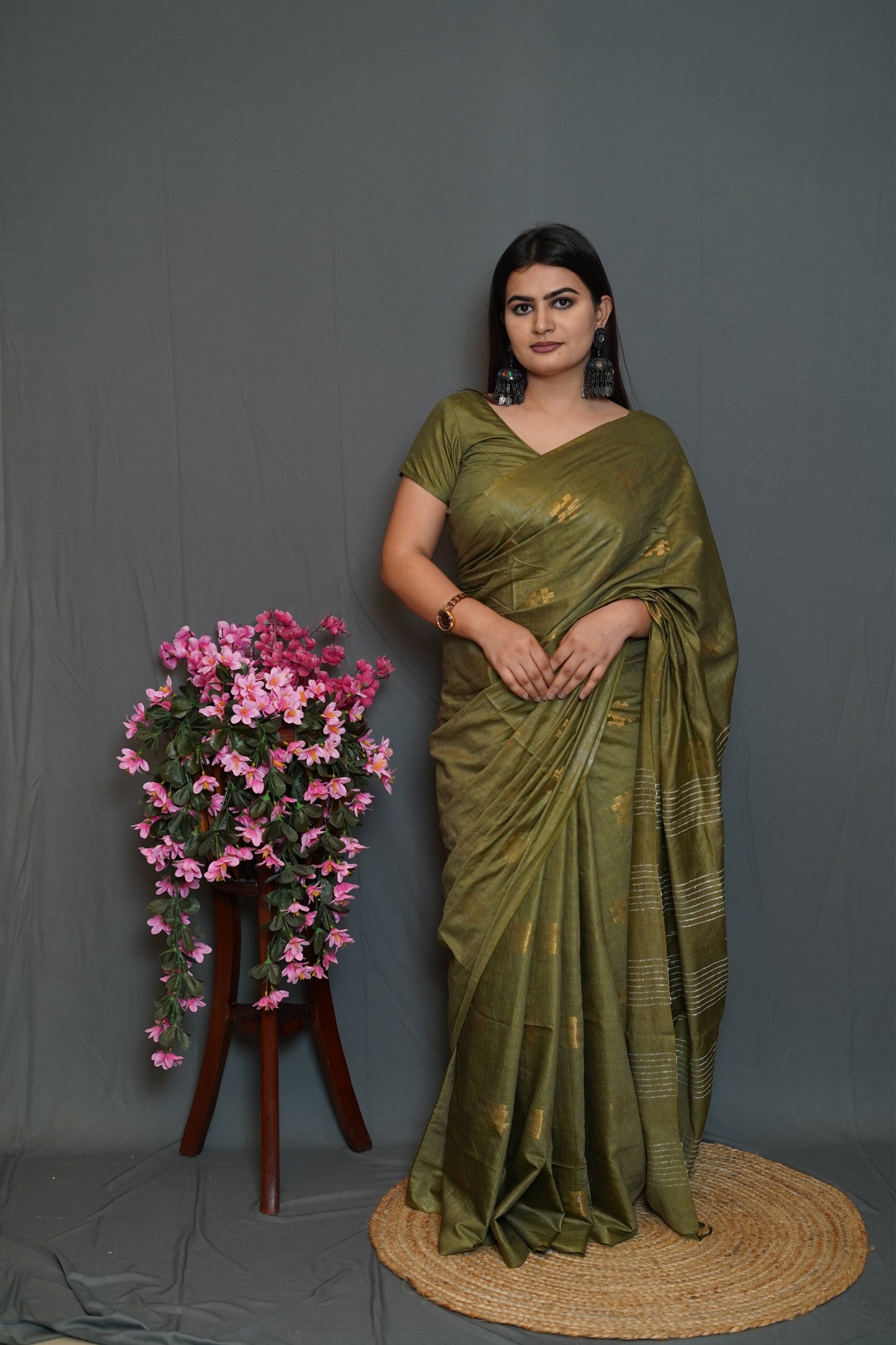 Olive Green Cotton Saree with Golden Thread