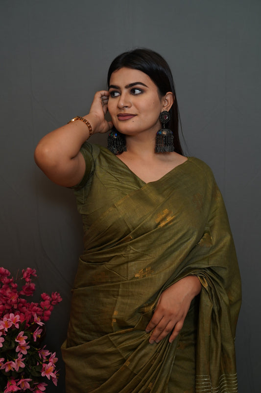 Olive Green Cotton Saree with Golden Thread