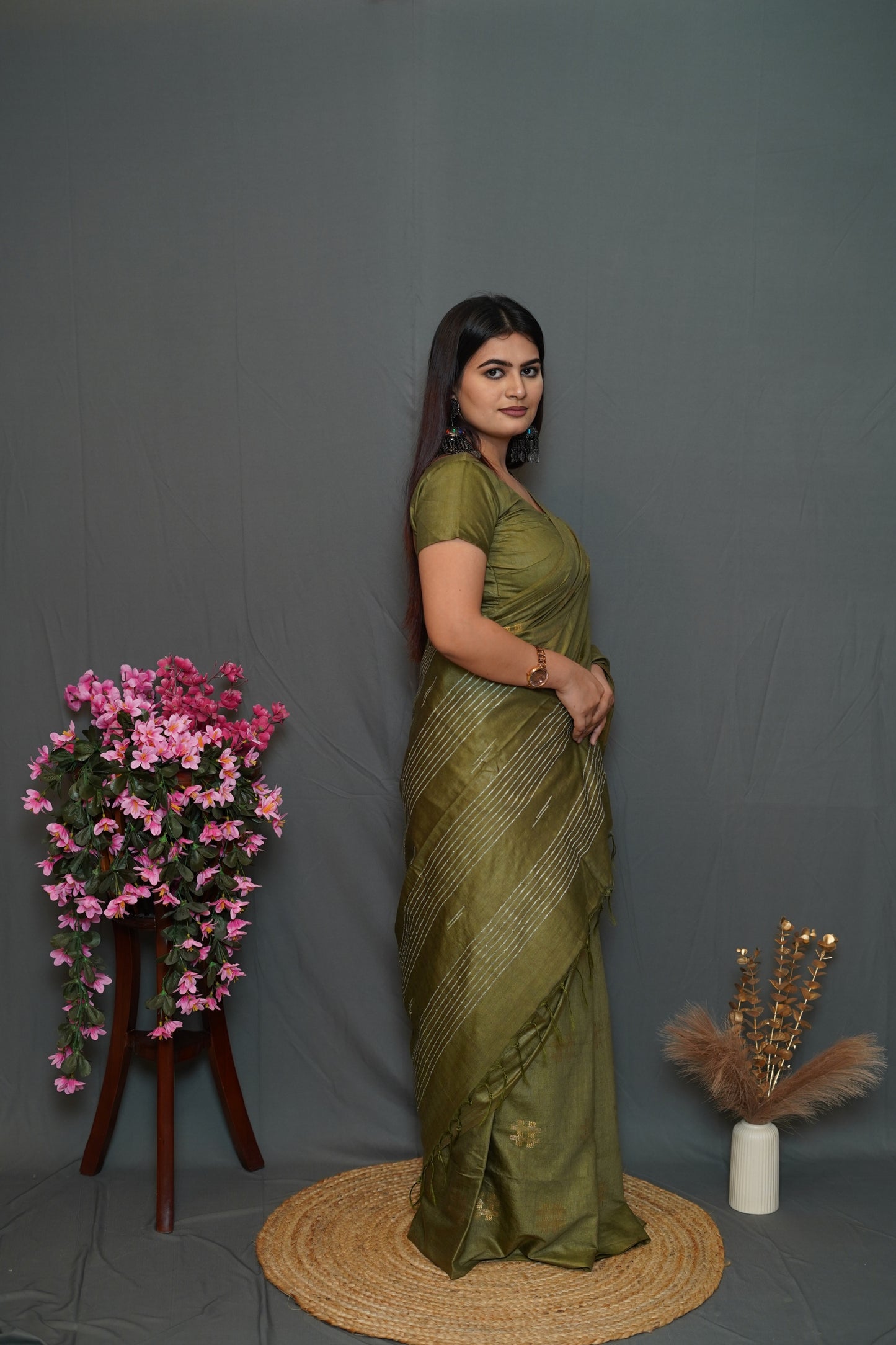 Olive Green Cotton Saree with Golden Thread