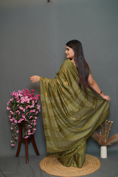 Olive Green Cotton Saree with Golden Thread