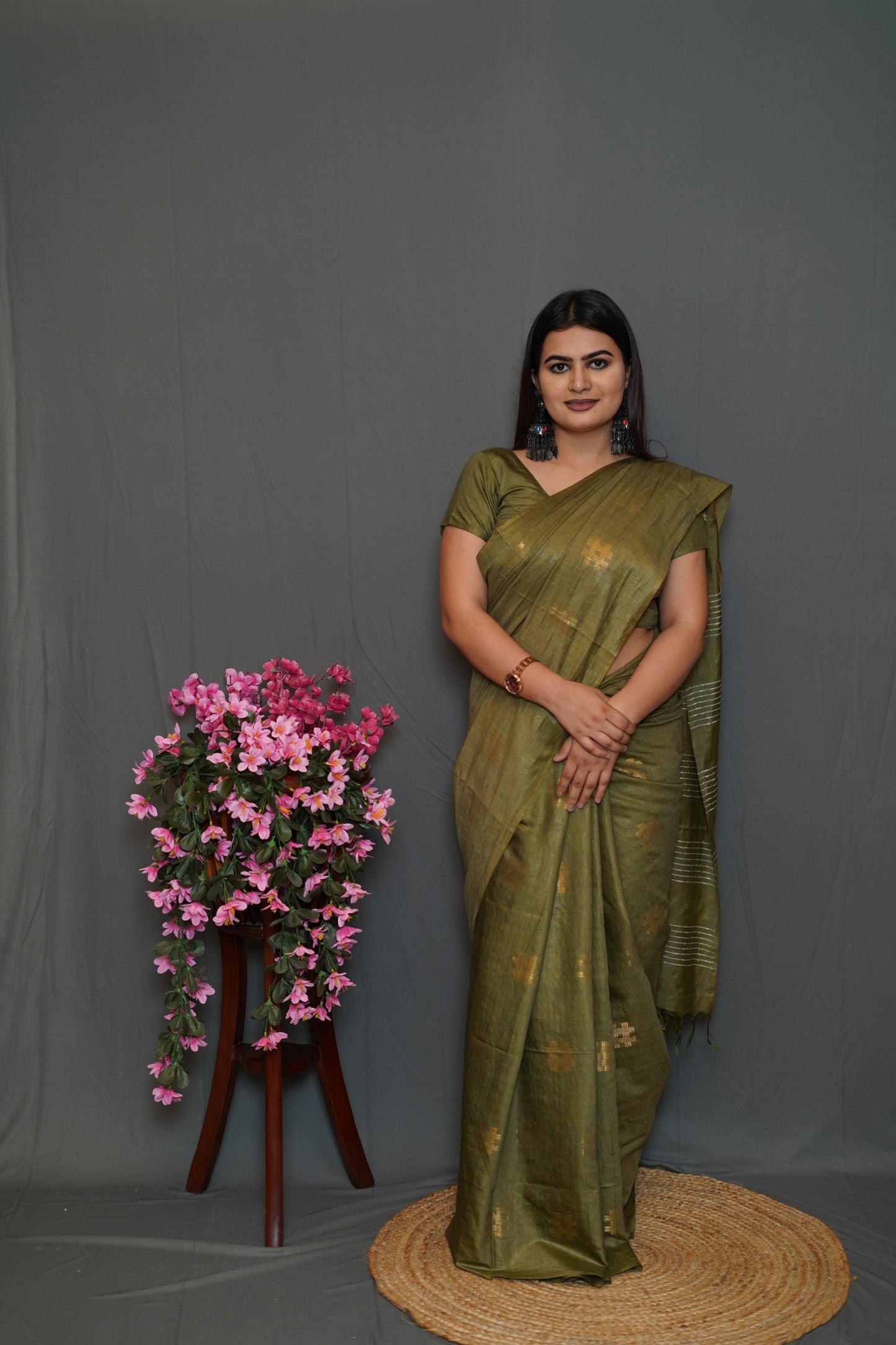 Olive Green Cotton Saree with Golden Thread
