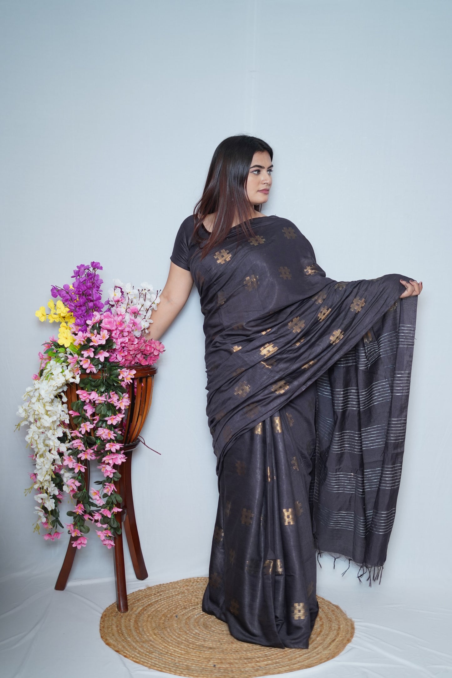 Charcoal Black Cotton Saree with Golden Thread