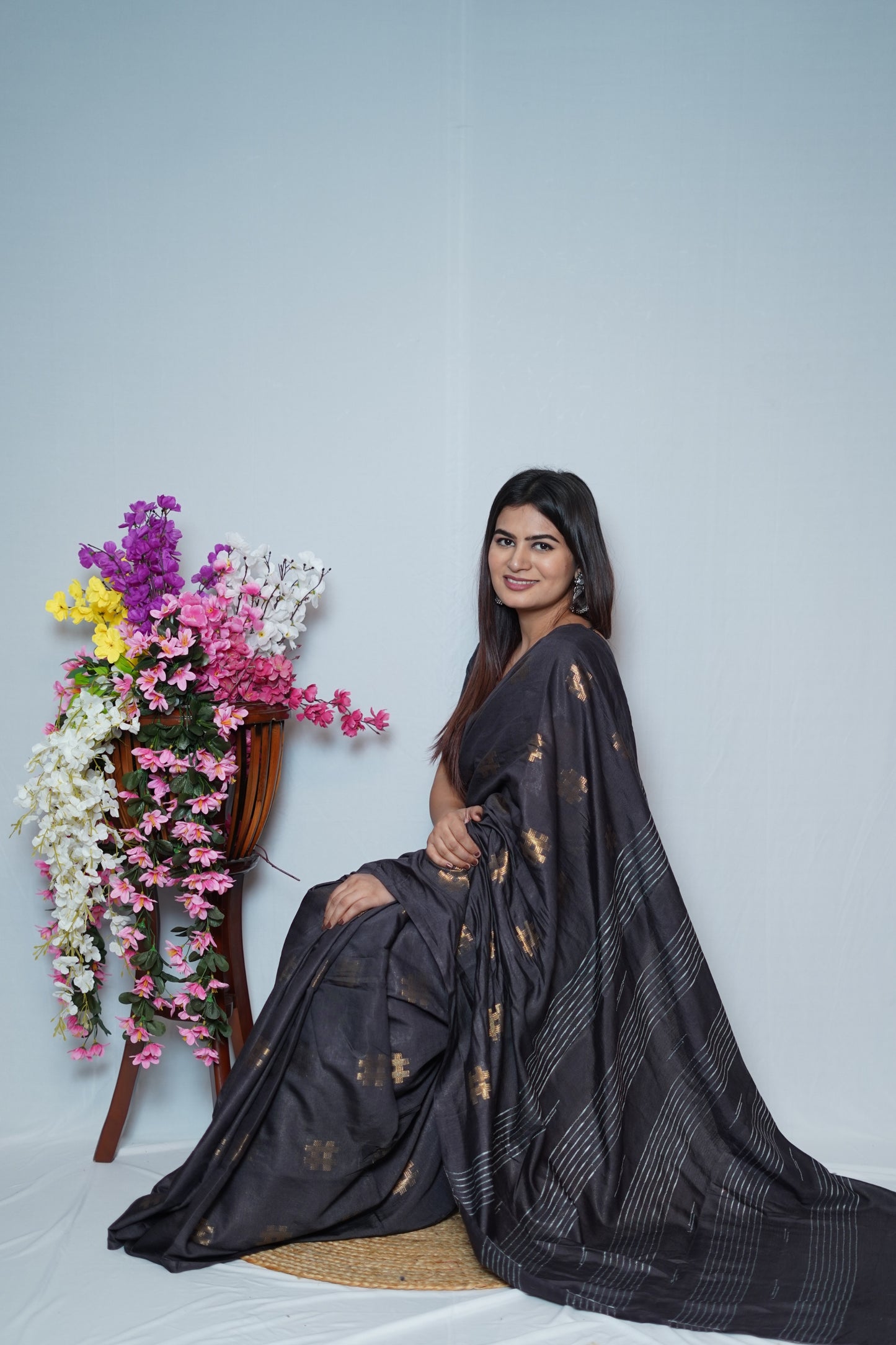 Charcoal Black Cotton Saree with Golden Thread