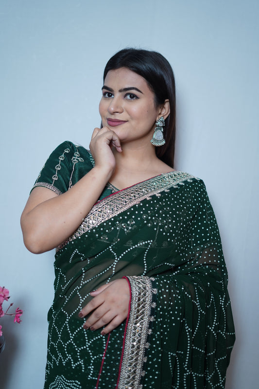 Dark Green Georgette Saree with Golden Embroidered Border