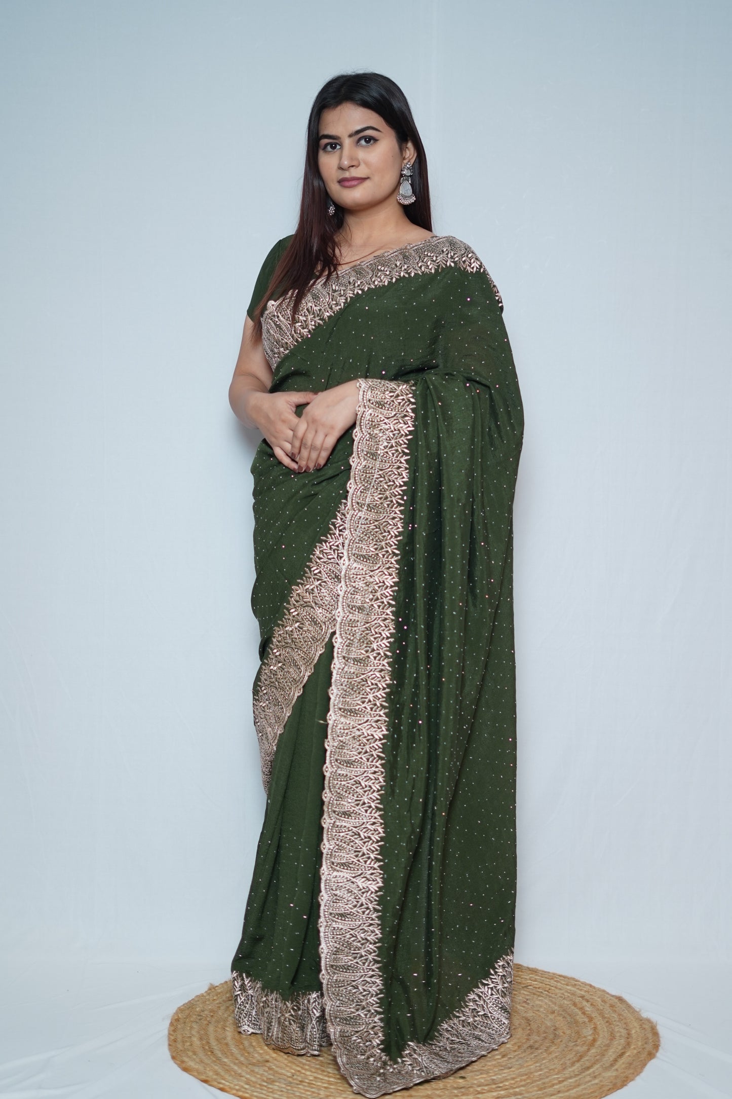 Olive Green Georgette Saree with Rose Gold Embroidered Lace Borde