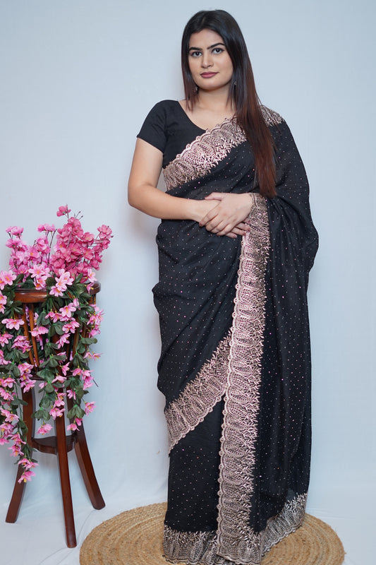 Black Georgette Saree with Rose Gold Embroidered Lace Border