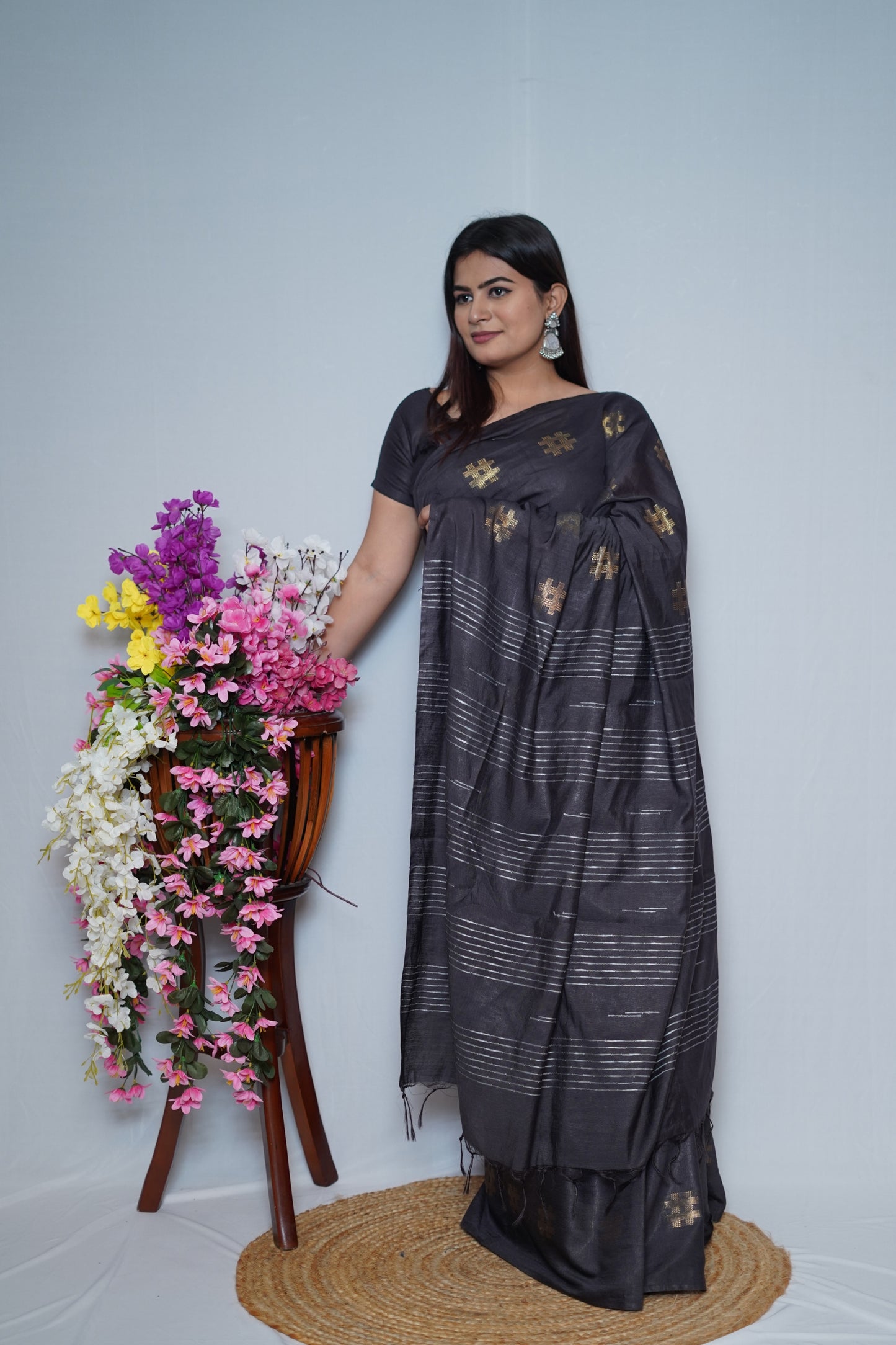 Charcoal Black Cotton Saree with Golden Thread