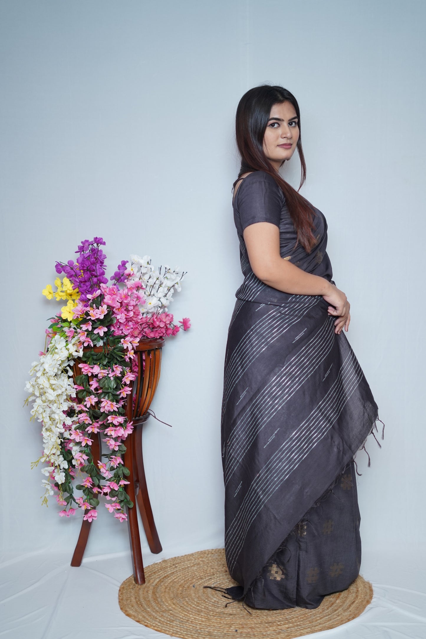 Charcoal Black Cotton Saree with Golden Thread
