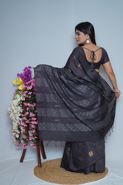 Charcoal Black Cotton Saree with Golden Thread