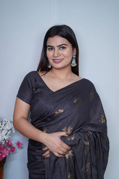 Charcoal Black Cotton Saree with Golden Thread