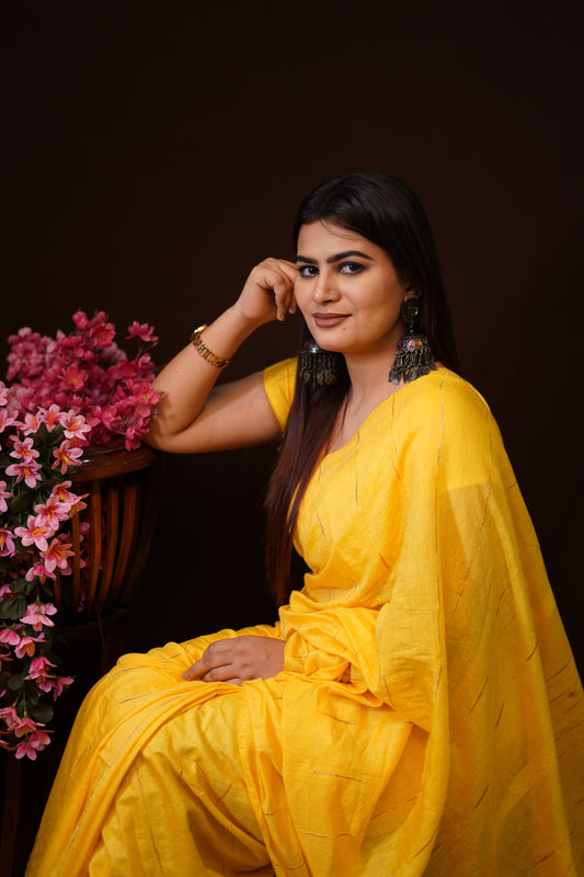 Yellow Cotton Saree with Subtle Zari Line