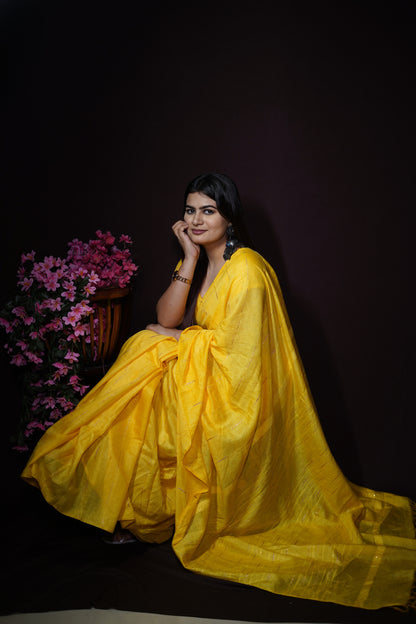 Yellow Cotton Saree with Subtle Zari Line